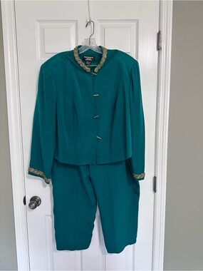 Patrick Kelly Teal Silk Top with with Gold Beaded Trim and Matching Slacks.